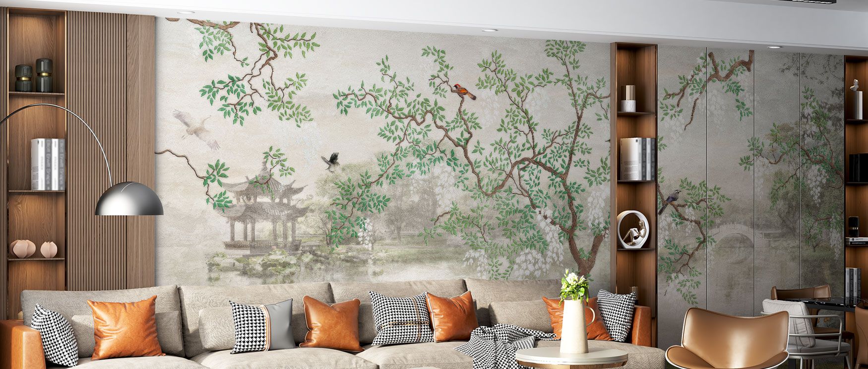 In the Derous Trees Birds Plants Wallpaper, tropical greenery frames exotic birds, offering interiors both excitement and calm. Its design enriches spaces with rainforest vitality, making it a perfect choice for adventurous studies, stylish living rooms, 