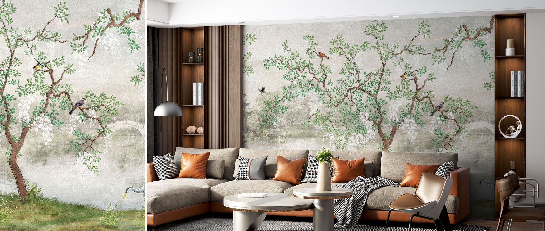 The Derous Wallpaper unfolds a scene of lush plants, exotic birds, and towering trees, creating a tropical escape. Perfect for lively interiors, its composition enhances dining areas, living rooms, and bedrooms with rainforest charm. Its artistry captures