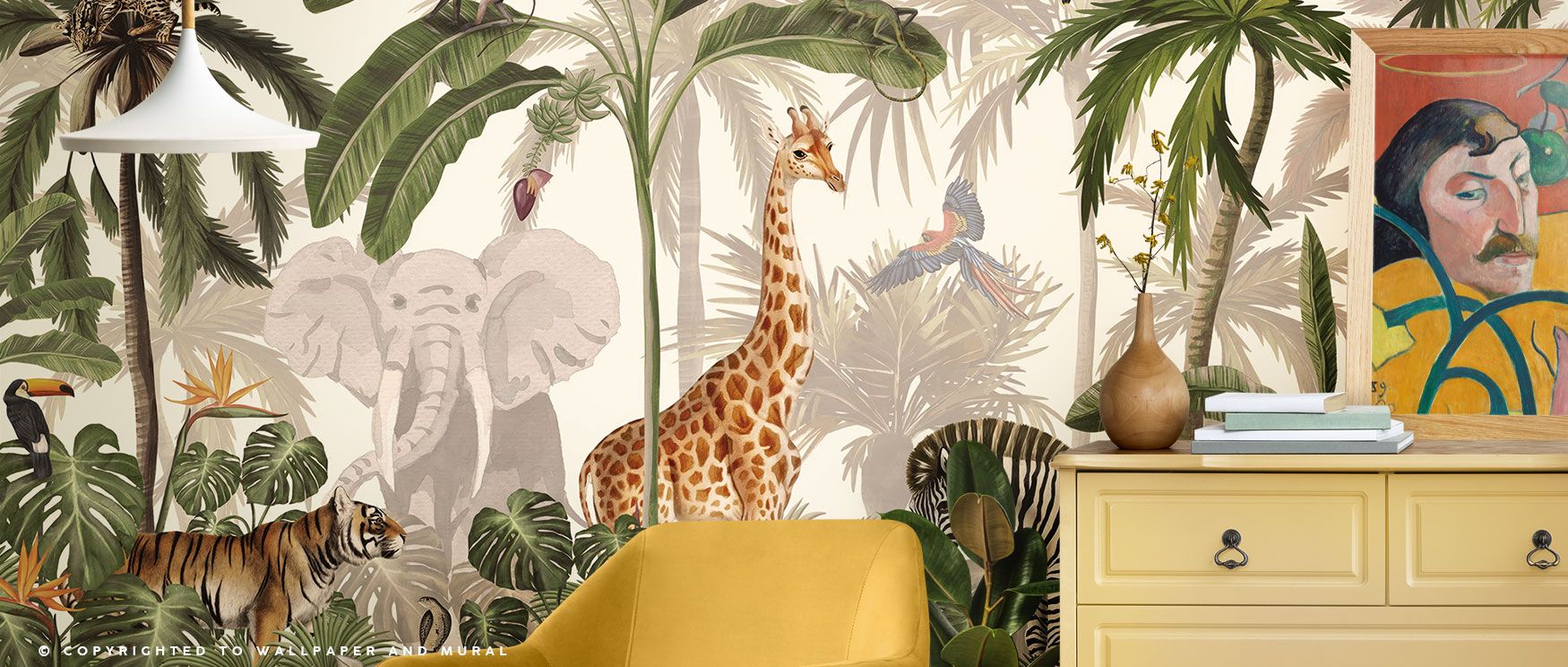 The Jungle Jive Animals Wallpaper celebrates tropical vibrancy, featuring giraffes, monkeys, parrots, and zebras framed by lush greenery. Its playful imagery enriches interiors with joy, perfect for lively bedrooms, dining rooms, or living areas seeking f