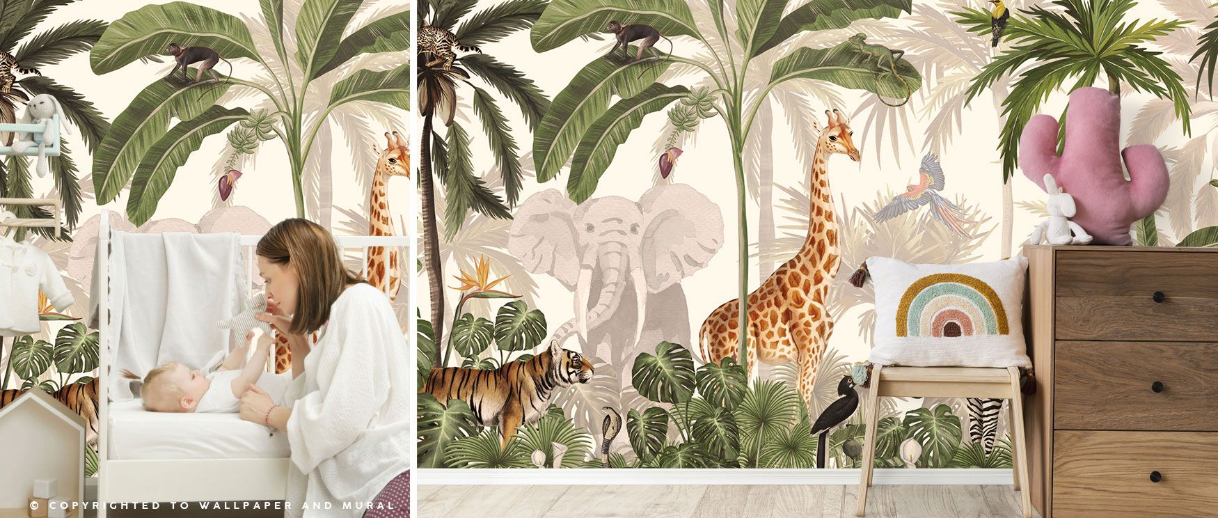 In this wallpaper, a jungle comes alive with animals and plants harmonizing in colorful rhythm. Giraffes, zebras, and monkeys play among trees while parrots bring bursts of brightness. The Jungle Jive Animals design suits children’s rooms, playful family 