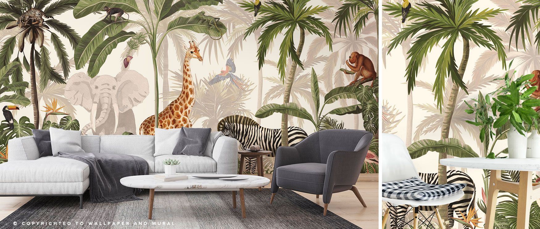 In the Jungle Jive Animals Wallpaper, parrots fly across tropical trees while monkeys and giraffes enliven the scene. Zebras add playful rhythm, completing a vibrant composition. This wallpaper creates interiors filled with adventure, perfect for family r