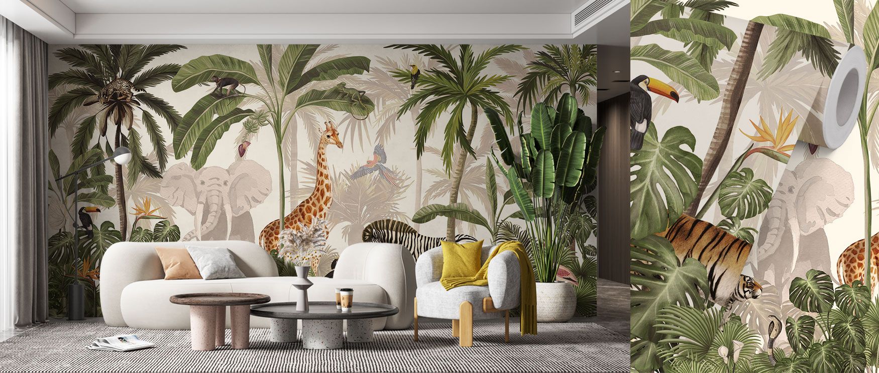 The Jungle Jive Animals Wallpaper offers a vibrant panorama of tropical wildlife, with animals and greenery blending in energetic harmony. Perfect for imaginative bedrooms or playful studies, its composition adds character and vitality to interiors, creat