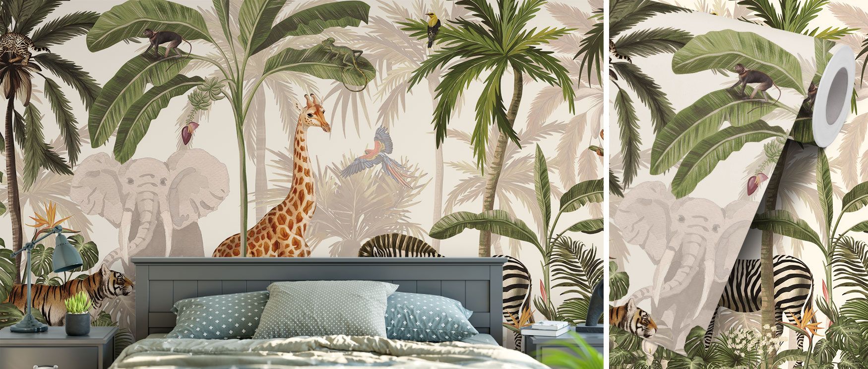A playful jungle unfolds in the Jungle Jive Animals Wallpaper, where giraffes, monkeys, parrots, and zebras share a lush green backdrop. The imagery radiates color and excitement, transforming bedrooms, playrooms, or dining areas into lively retreats insp