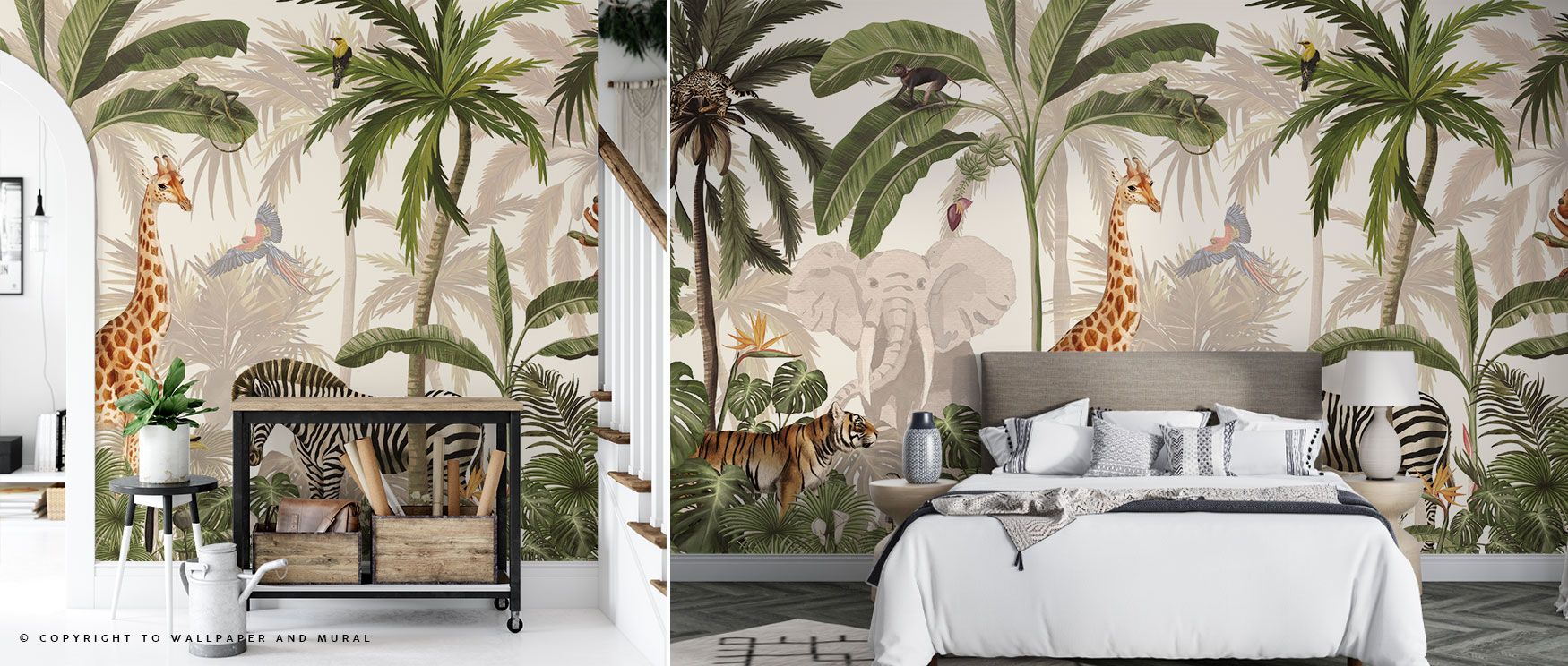 Zebras graze, giraffes stretch, and monkeys swing among lush trees in the Jungle Jive Animals Wallpaper. Parrots add bursts of color, completing a lively design. This wallpaper brings fun and adventure to children’s rooms, family spaces, or creative studi