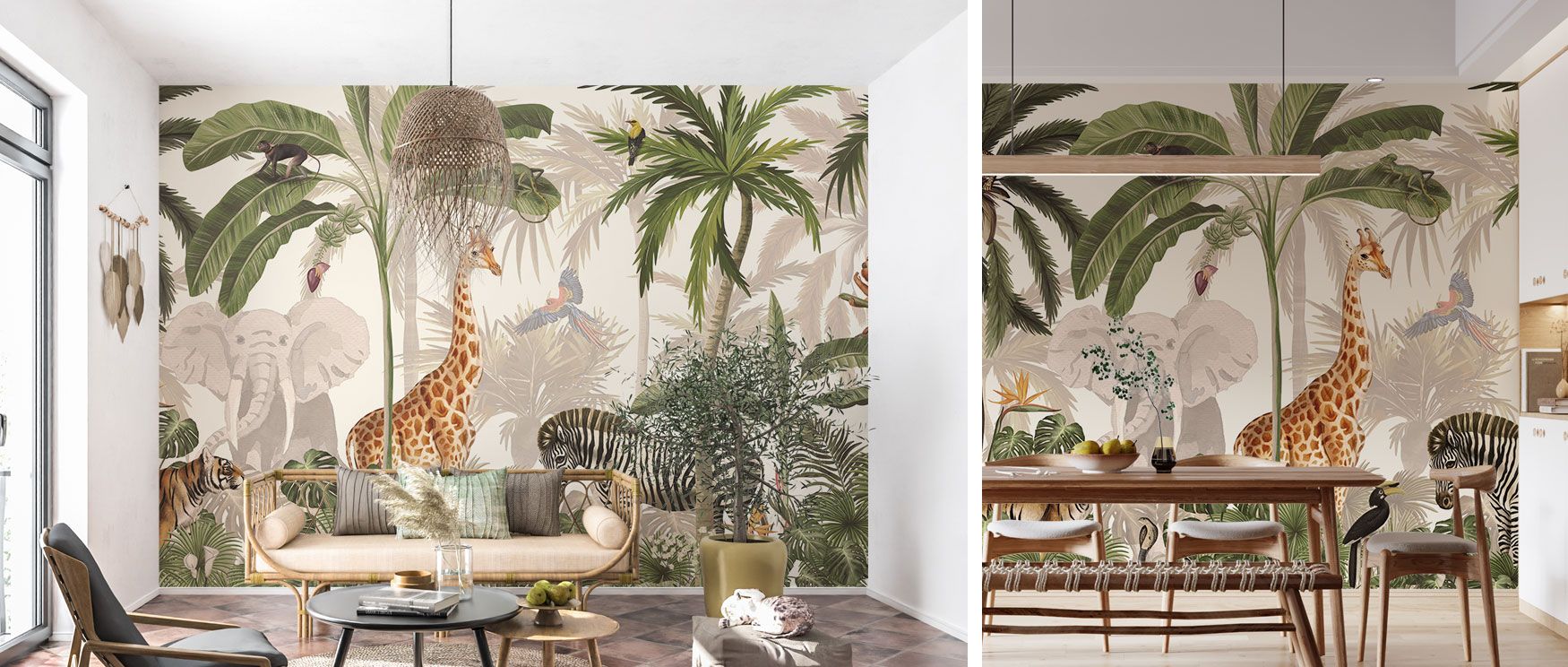 Lush tropical plants frame giraffes, monkeys, parrots, and zebras in the Jungle Jive Animals Wallpaper. Its vibrant imagery creates interiors of joy and imagination, perfect for bedrooms, studies, or living spaces. The design radiates playful balance whil