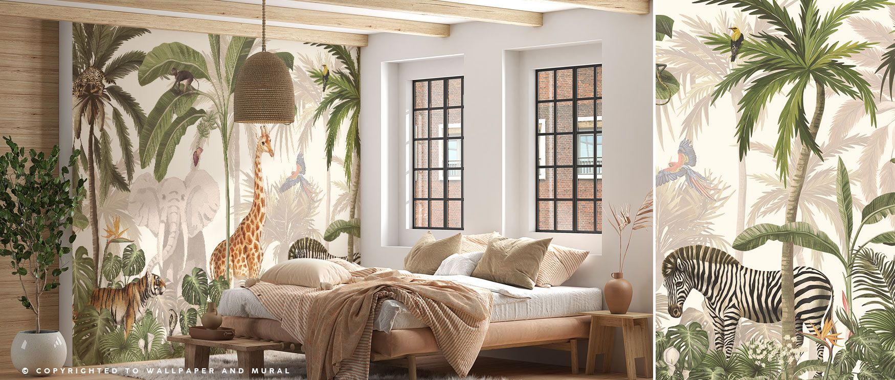 A tropical escape unfolds in the Jungle Jive Animals Wallpaper, filled with animals and plants in lively balance. Its composition offers joy, energy, and imaginative charm, ideal for playful bedrooms, family rooms, or children’s play areas. This wallpaper