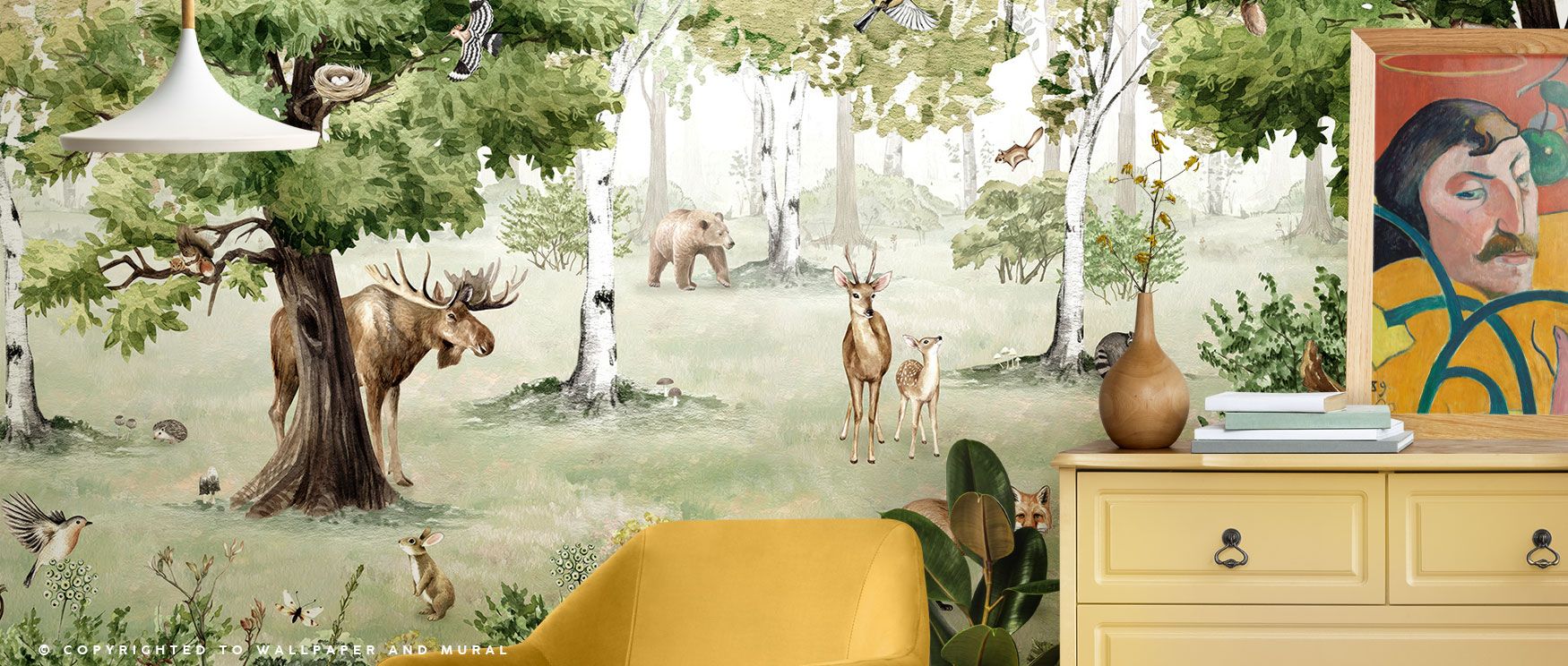 The Woodland Wonders Wallpaper captures a lush woodland, with animals and birds enlivening the forest. Its artistry enriches interiors with grounding calm, perfect for studies, dining rooms, or bedrooms. The design offers timeless decorative charm, fillin