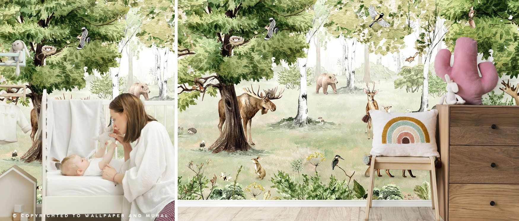 In this wallpaper, a forest landscape unfolds with trees, birds, and animals in harmony. The Woodland Wonders design radiates tranquility, making it ideal for bedrooms or rustic living spaces. Its imagery connects interiors with timeless natural beauty, g