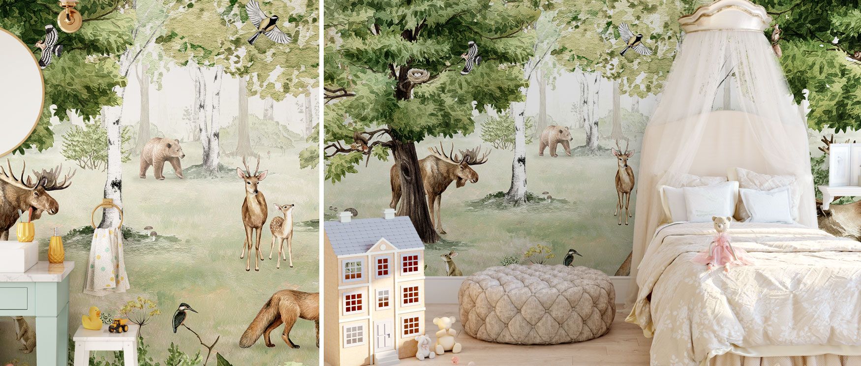 The Woodland Wonders Wallpaper transforms interiors into forest retreats, filled with trees, birds, and woodland animals. Its imagery creates balance and serenity, perfect for restful bedrooms, studies, or dining areas. Its palette enhances timeless elega
