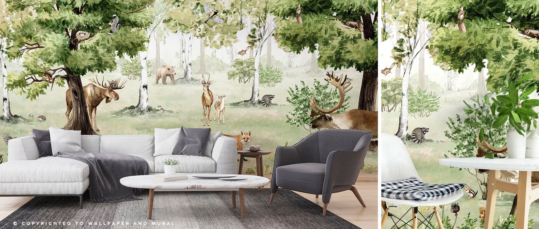 In this wallpaper, large trees dominate the forest backdrop while birds and animals enliven the scene with movement. The Woodland Wonders Wallpaper captures rustic tranquility, making interiors feel restful. Perfect for studies, bedrooms, or dining rooms,