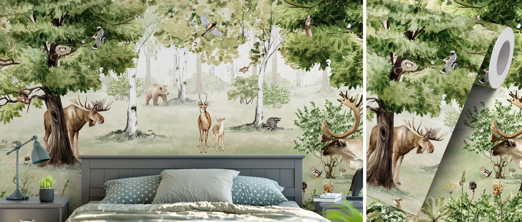 The Woodland Wonders Wallpaper presents a panoramic forest where animals and birds coexist beneath towering trees. Its imagery captures both energy and serenity, enriching bedrooms or living rooms. The design blends natural inspiration with decorative rhy