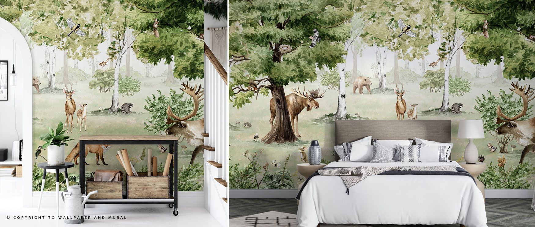 Majestic trees, playful birds, and woodland animals define the Woodland Wonders Wallpaper. Its imagery transforms interiors into retreats of calm, perfect for bedrooms or contemplative studies. The composition radiates rustic serenity, creating walls that