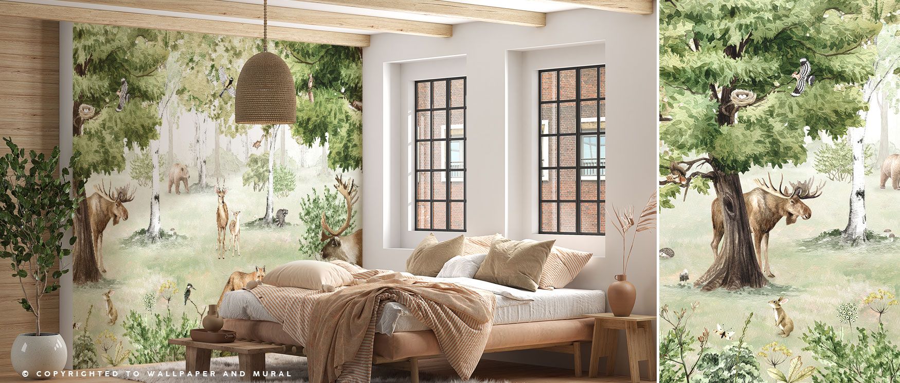 With towering trees, birds, and animals, the Woodland Wonders Wallpaper radiates rustic calm. Its imagery enriches interiors with serenity, grounding bedrooms, living rooms, or studies in timeless woodland charm. Its artistry ensures walls reflect both na