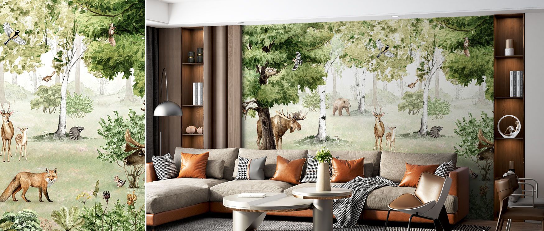 The Woodland Wonders Wallpaper offers a scenic woodland view with animals and birds moving among tall trees. Its imagery adds depth and calm, perfect for bedrooms or rustic living rooms. This design blends natural grounding with elegance, turning interior