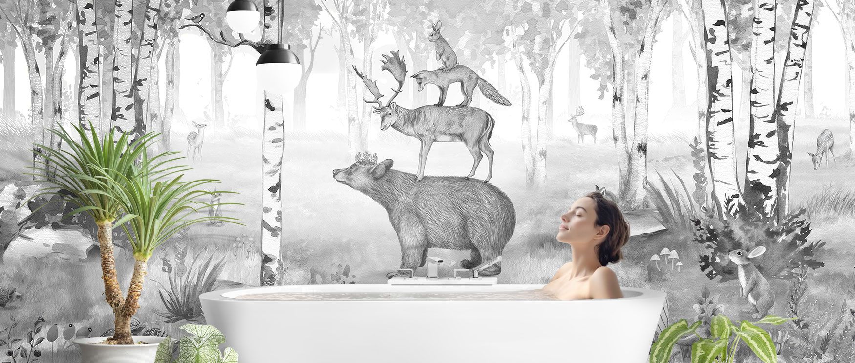 The Bear King Wallpaper portrays forest animals in black and white among towering trees. Its design radiates timeless elegance, perfect for bedrooms or dining rooms. Its imagery adds depth and grounding calm, creating interiors filled with dramatic natura