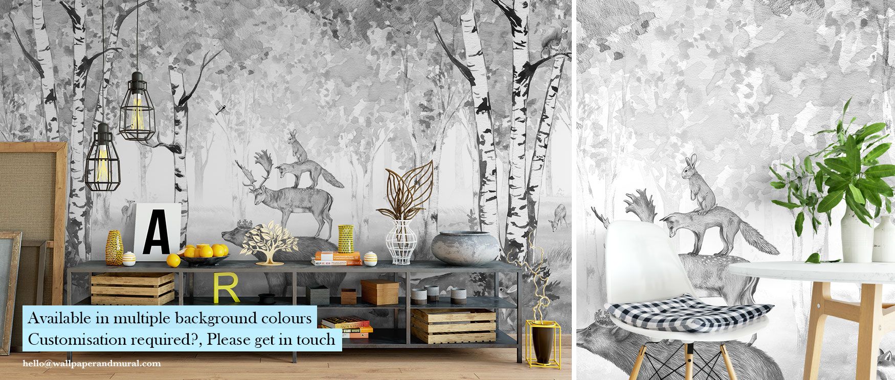 In this wallpaper, bears and other animals inhabit a forest of tall trees, rendered in elegant monochrome. The Bear King design enriches interiors with sophistication, perfect for dining rooms, bedrooms, or studies. Its imagery offers both drama and calm,