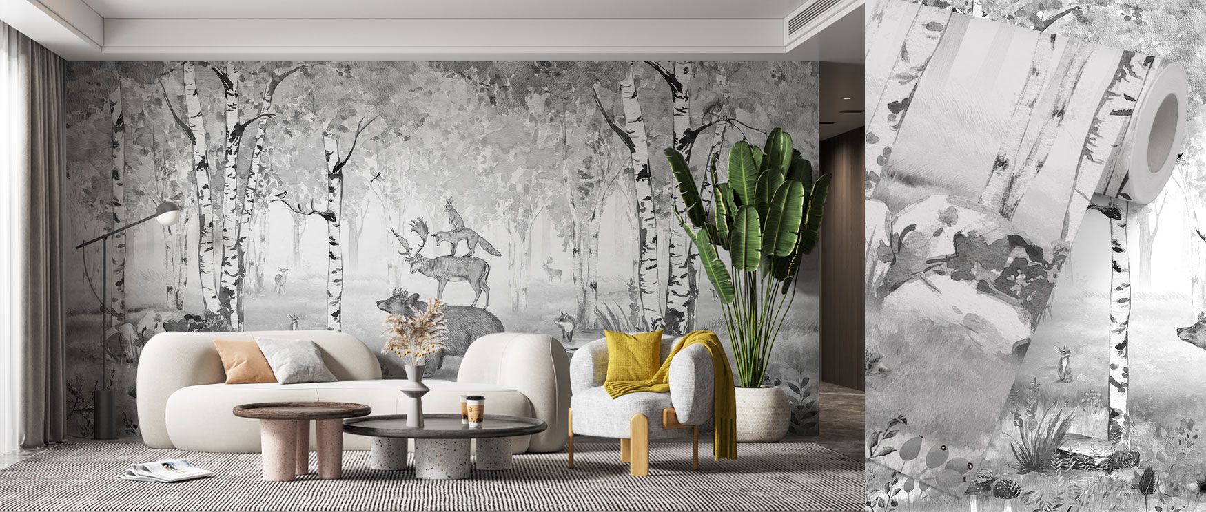 A striking black and white forest unfolds in the Bear King Wallpaper, with bears and woodland creatures among trees. The composition evokes strength and elegance, perfect for rustic studies or serene bedrooms. Its monochrome palette ensures versatile deco