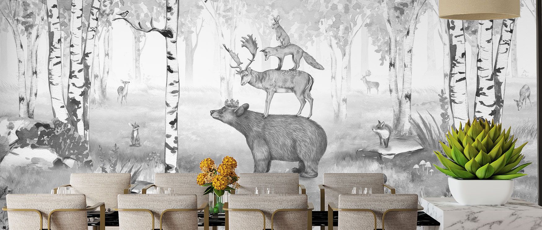 The Bear King Wallpaper unfolds a woodland scene of animals and trees, its monochrome palette enriching interiors with timeless beauty. Perfect for restful bedrooms or studies, its imagery offers natural calm with dramatic style. 