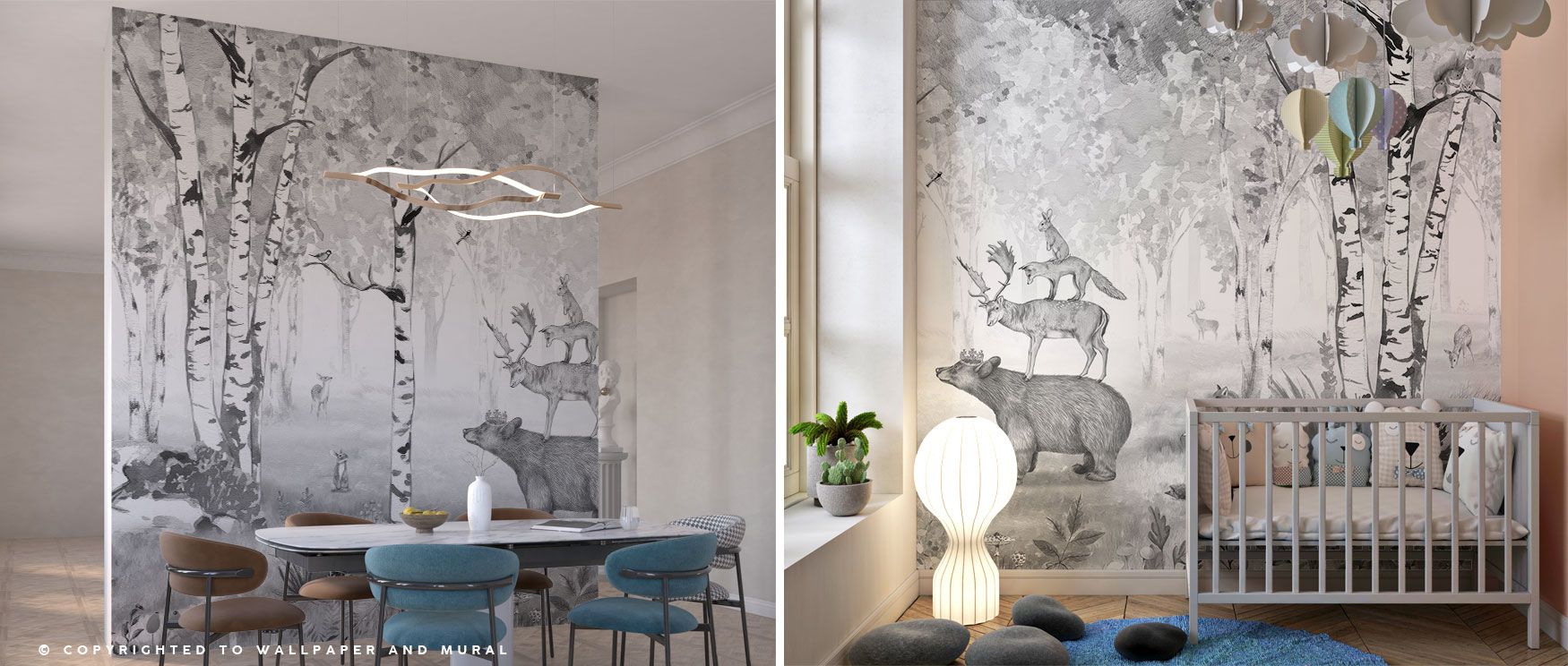 A dramatic forest scene emerges in the Bear King Wallpaper, where bears and other animals inhabit towering trees. Rendered in black and white, it enriches interiors with calm elegance. Suitable for dining rooms or bedrooms, it balances drama with natural 