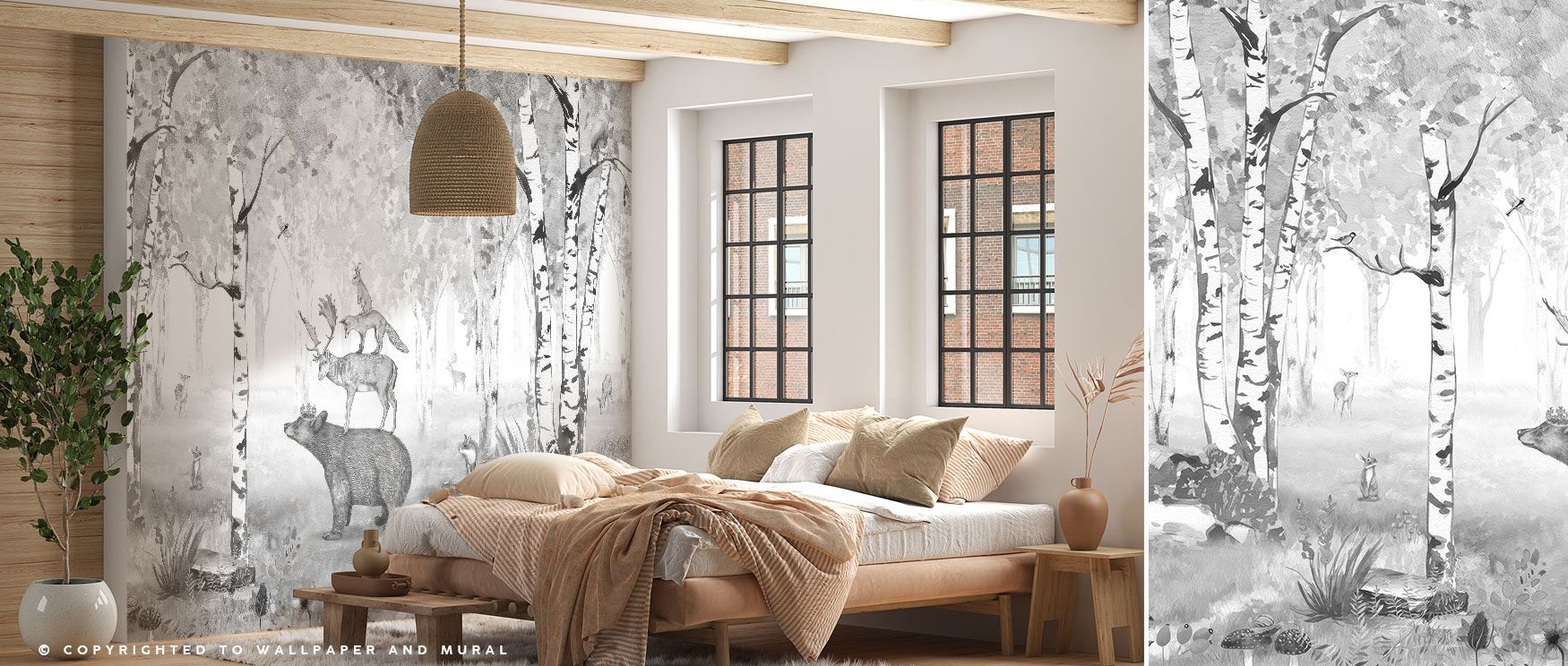 The Bear King Wallpaper captures the majesty of forest animals in monochrome style, set among tall trees. This design enriches interiors with rustic sophistication, perfect for studies or restful bedrooms. Its artistry transforms walls into elegant woodla