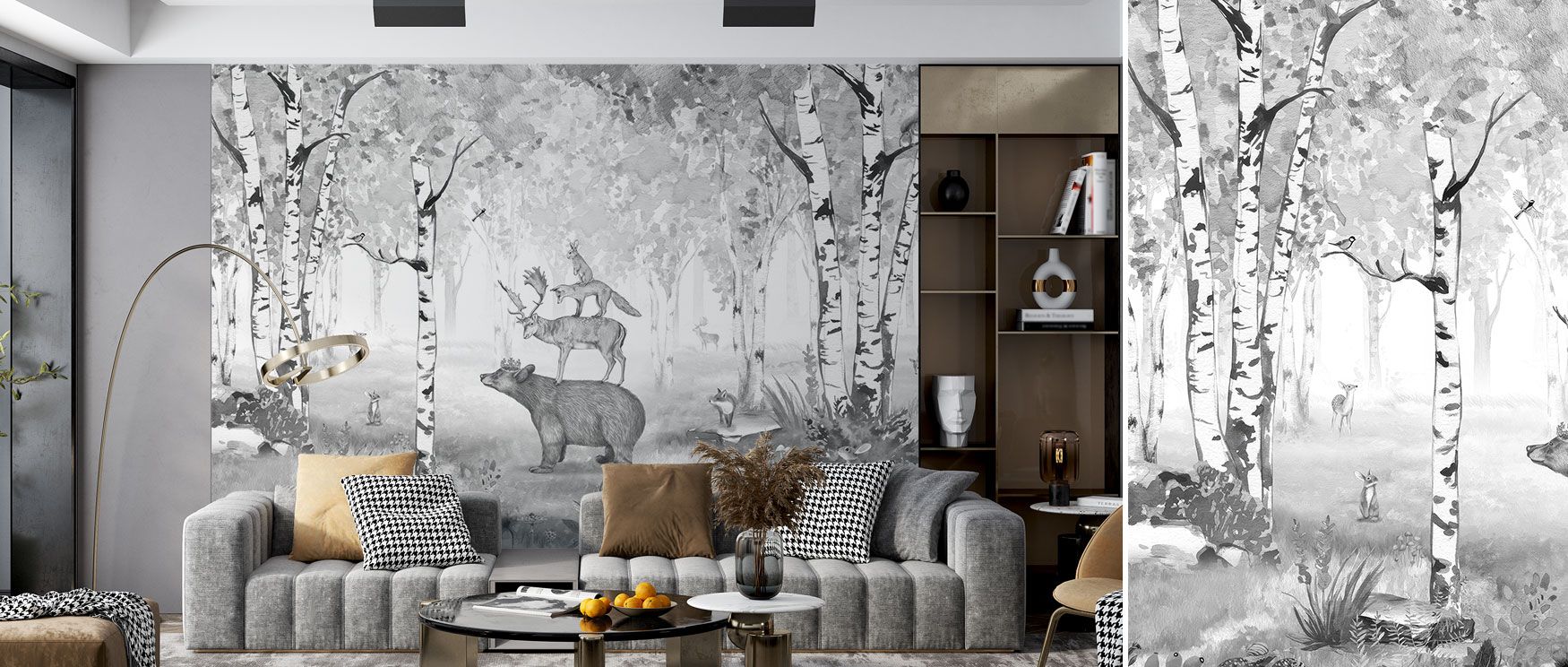 Bears and animals appear among forest trees in this wallpaper, rendered in black and white. The Bear King design radiates timeless calm, ideal for living rooms or studies. Its imagery offers both drama and elegance, grounding interiors in natural inspirat