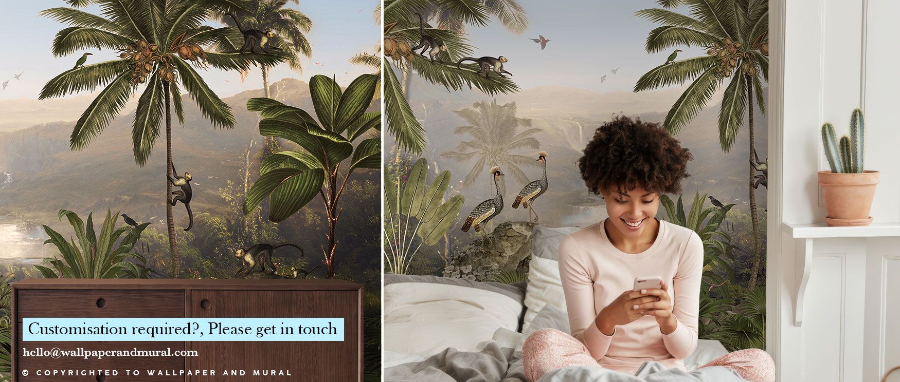Monkeys appear beside a jungle lake in this wallpaper, with exotic birds and trees framing the scene. The Monkey Sanctuary design creates lively interiors, ideal for children’s rooms, studies, or family spaces. Its imagery offers adventure, balance, and c