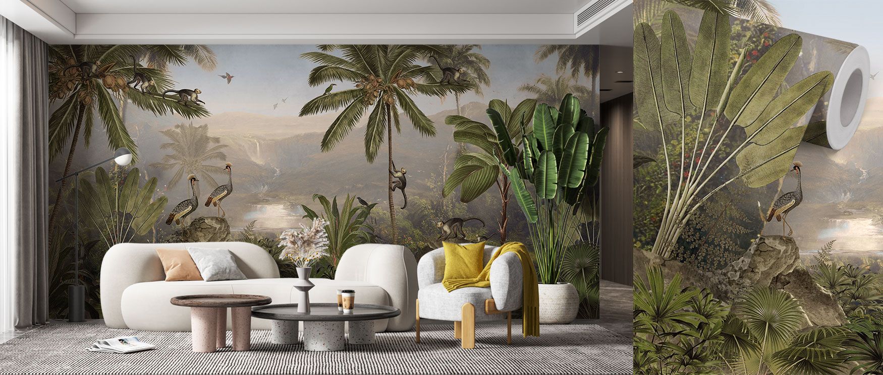In this wallpaper, monkeys gather near a lake in a lush jungle scene with birds and trees. The Monkey Sanctuary Wallpaper enriches interiors with charm and adventure, making it perfect for playful bedrooms or dining areas. Its design creates imaginative r