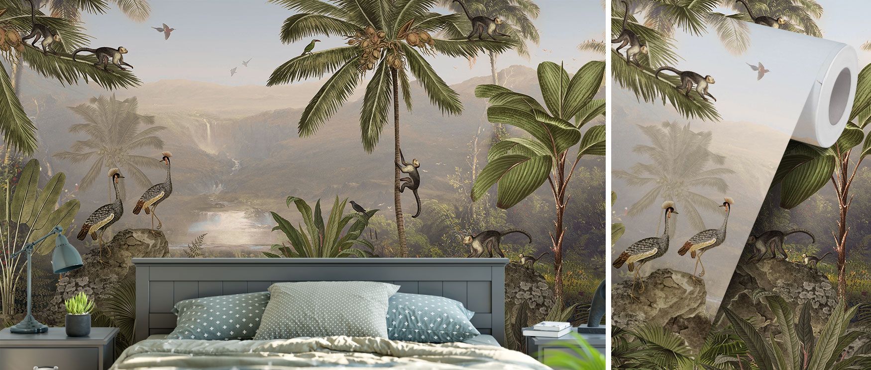 Monkeys frolic near a jungle lake in this wallpaper, surrounded by exotic birds and trees. The Monkey Sanctuary design radiates playful charm, ideal for bedrooms, creative spaces, or living rooms. Its imagery offers both joy and decorative sophistication,
