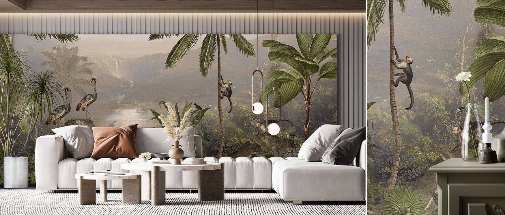 The Monkey Sanctuary Wallpaper blends monkeys, birds, and a jungle lake in lively rhythm. Its imagery creates playful calm across walls, ideal for children’s rooms, living rooms, or studies. The design offers tropical charm while maintaining decorative el