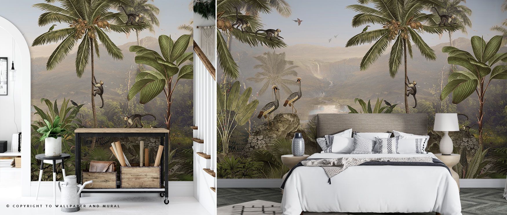 A jungle scene unfolds in the Monkey Sanctuary Wallpaper, with monkeys by a lake surrounded by birds and trees. The composition radiates joy, perfect for playful bedrooms or creative spaces. Its artistry ensures timeless natural charm, filling interiors w