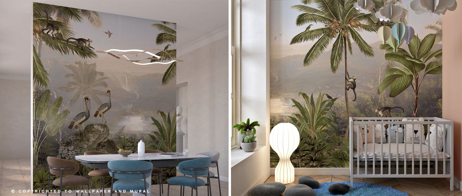 The Monkey Sanctuary Wallpaper portrays a vibrant jungle scene where monkeys, birds, and a lake form a playful rhythm. Perfect for children’s bedrooms, dining rooms, or creative spaces, its design transforms interiors into retreats of natural charm. 
