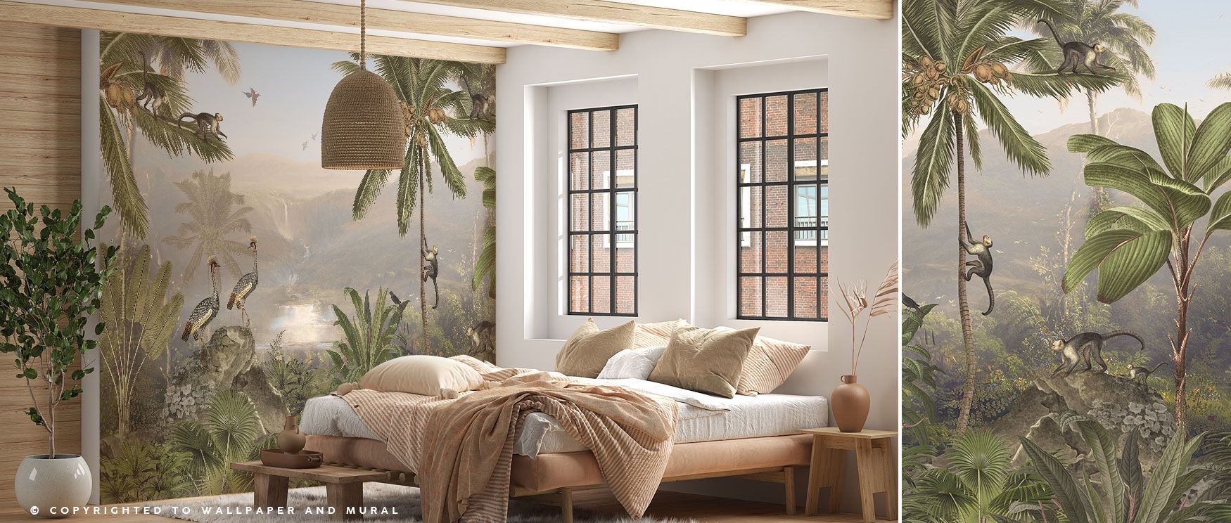 In this wallpaper, monkeys enliven a lake scene within lush jungle trees. Birds add movement while the design radiates playful energy. The Monkey Sanctuary Wallpaper enriches bedrooms, studies, or living rooms with tropical vibrancy and charm. 