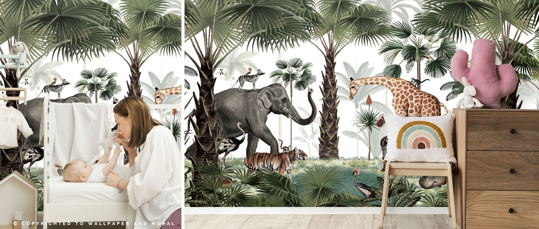 Tigers, elephants, zebras, and monkeys animate a lush forest in the Animal Kingdom Wallpaper. This design transforms interiors into adventurous escapes, perfect for bedrooms, studies, or dining rooms. Its artistry balances natural drama with decorative el