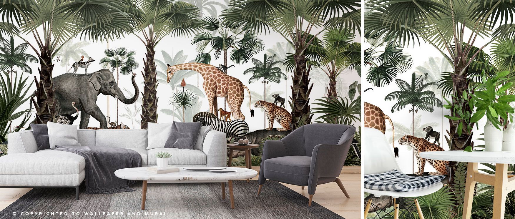 The Animal Kingdom Wallpaper captures wildlife in harmony, with tigers, elephants, and giraffes framed by tropical foliage. Its imagery radiates adventurous charm, perfect for dining rooms, studies, or bedrooms. This design offers both drama and vitality,