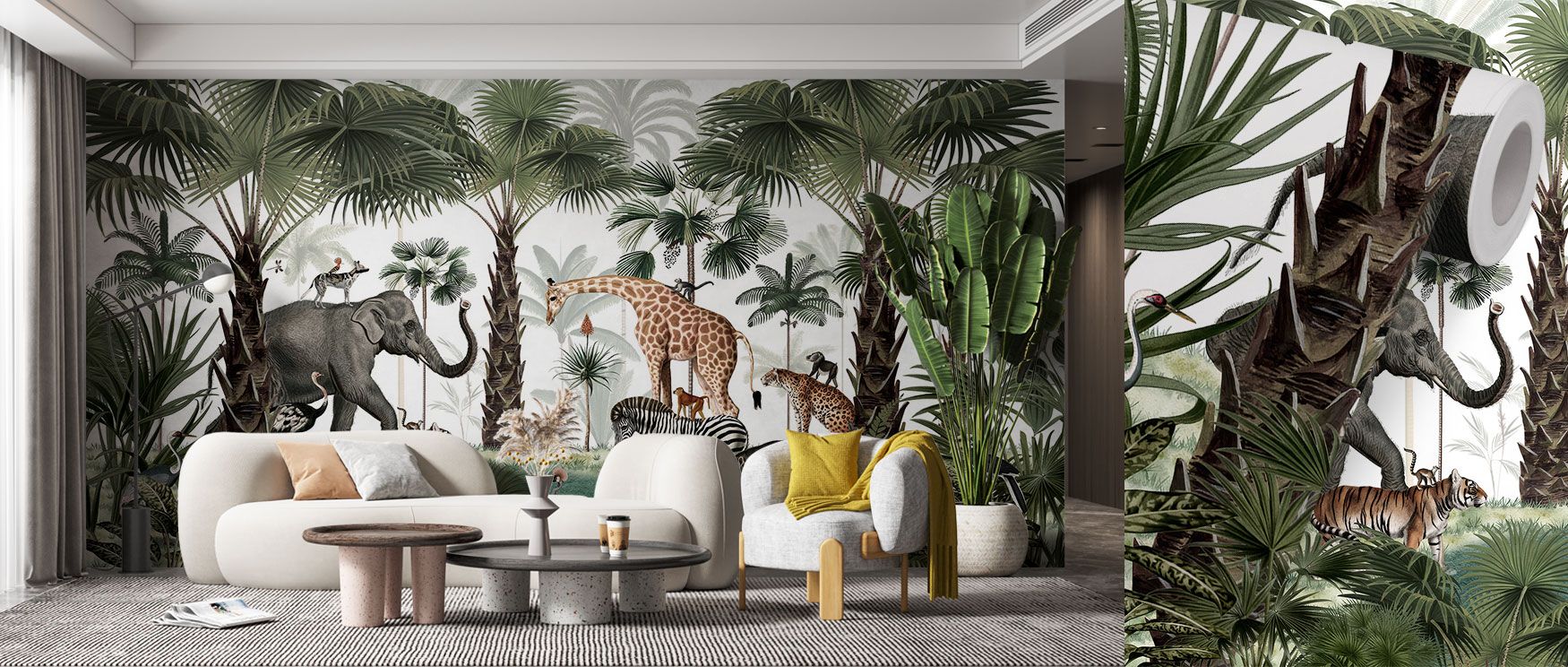 Monkeys swing while zebras and elephants stand gracefully in the Animal Kingdom Wallpaper. The design evokes safari adventure, ideal for bedrooms or family rooms. Its bold imagery offers lively charm, grounding interiors in natural inspiration and decorat