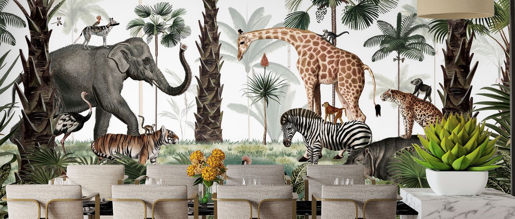 Giraffes, zebras, elephants, and monkeys fill the Animal Kingdom Wallpaper, framed by lush foliage. Its safari-inspired imagery radiates vitality, ideal for bedrooms or playful family areas. This wallpaper transforms interiors with bold natural charm.