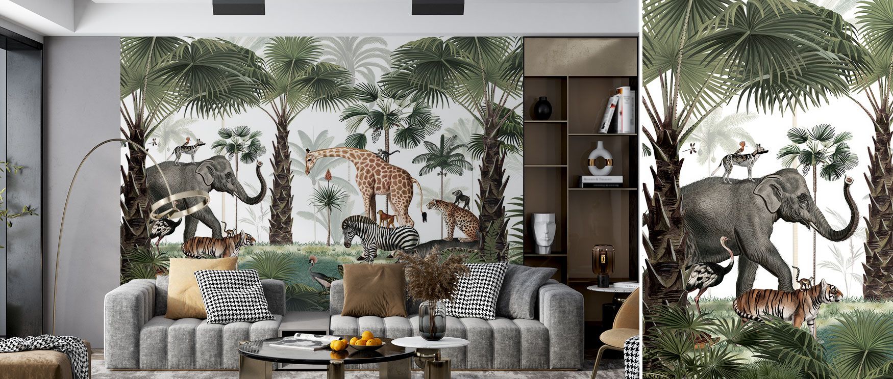 In this wallpaper, exotic animals move gracefully among tropical trees, creating safari vibrancy. The Animal Kingdom design adds adventure and charm to bedrooms, dining rooms, or living rooms. Its imagery offers lively balance and decorative elegance. 