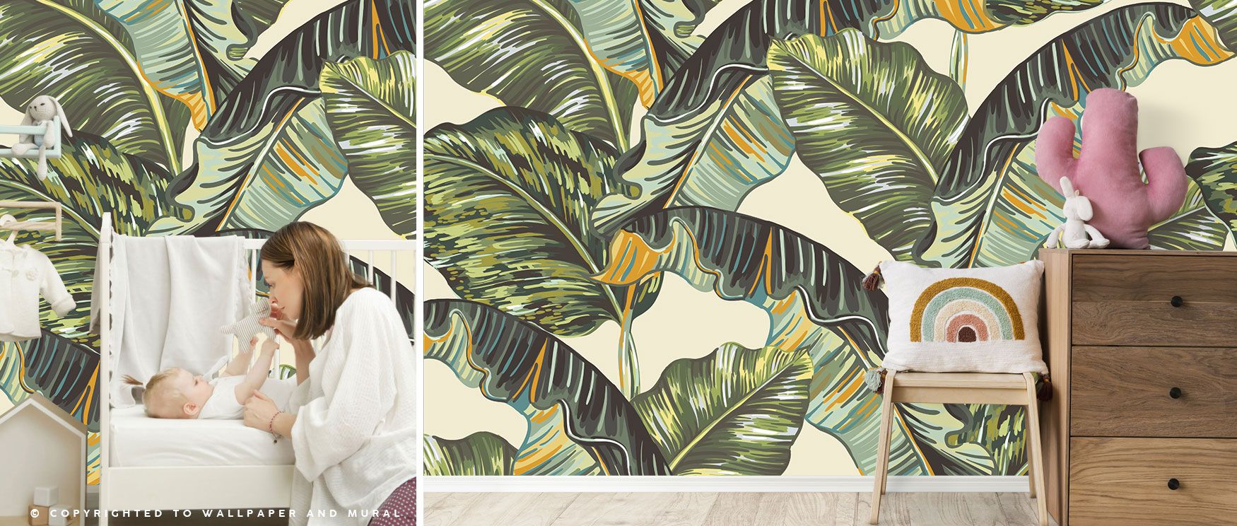 The Banana Leaves Wallpaper reveals lush green foliage in overlapping patterns. Its design enriches interiors with tropical charm, perfect for restful bedrooms or vibrant dining areas. Its composition balances vitality with decorative sophistication, crea