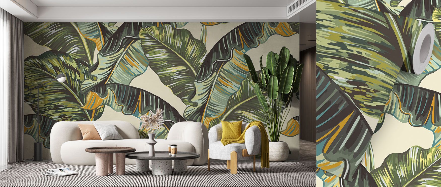 Overlapping green banana leaves create bold rhythm in this wallpaper, offering interiors vibrancy. The design enriches living rooms or studies with tropical energy, grounding spaces in natural calm. Its palette ensures versatility, making it timelessly st