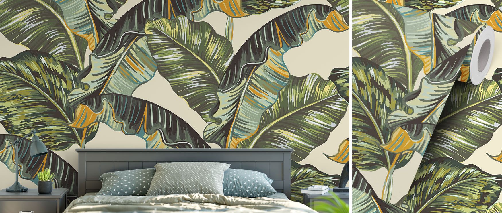 The Banana Leaves Wallpaper captures tropical charm with its lush green foliage. Its composition transforms interiors into sanctuaries of freshness, ideal for restful bedrooms or vibrant dining rooms. The design radiates both vitality and calm, creating w