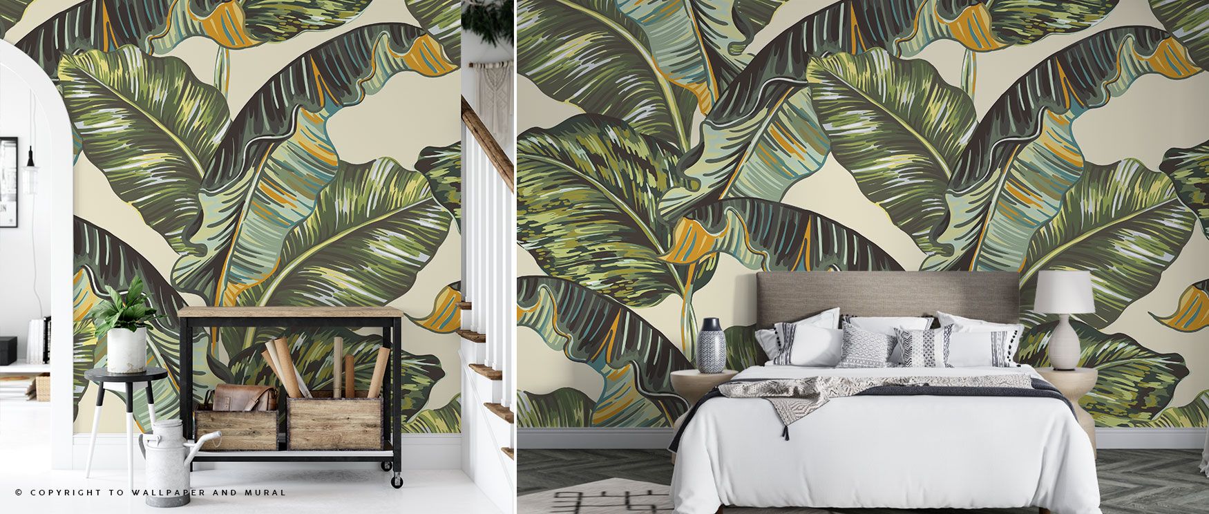 Banana Leaves Wallpaper portrays green foliage in lush detail, filling walls with freshness. Perfect for bedrooms or dining spaces, its imagery creates tropical calm. The design balances vibrancy with decorative refinement, offering both energy and sereni