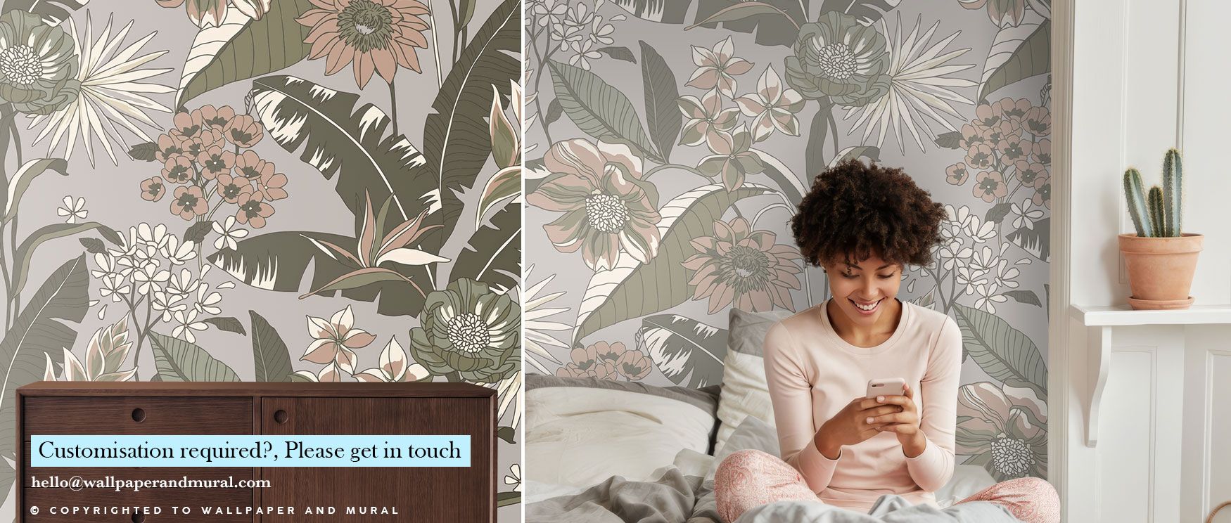 Botanical illustrations define the Catherine Artwork Wallpaper, with lush greenery flowing across walls. The design radiates serenity, enriching bedrooms or studies with calm charm. Its imagery fosters balance and tranquility, making interiors feel like c