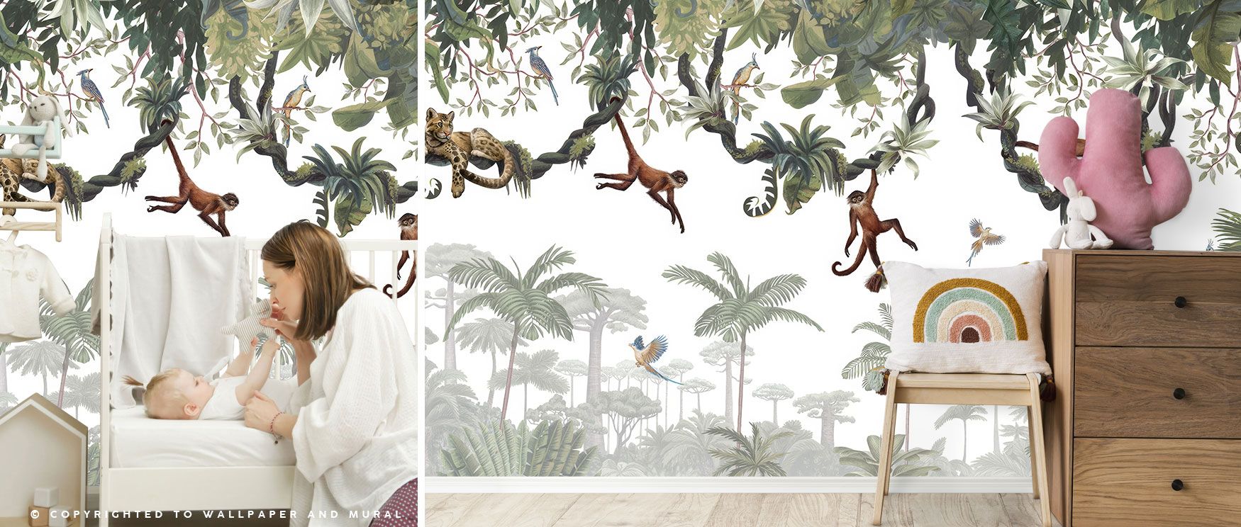 Tigers and monkeys animate this jungle-inspired wallpaper, while birds enrich the canopy with color. The Cheeky Monkeys design adds playful adventure to interiors, perfect for dining rooms, studies, or playful living spaces. Its imagery ensures walls rema