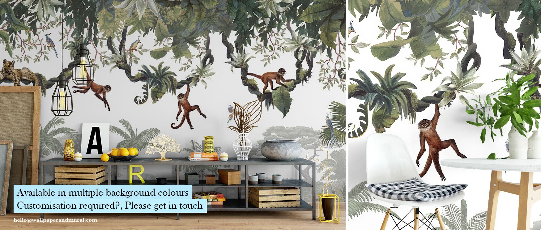 In this wallpaper, monkeys and tigers animate a lush green forest filled with tropical birds and plants. The Cheeky Monkeys design balances joy with sophistication, creating imaginative retreats. Perfect for bedrooms, living spaces, or family rooms, its i