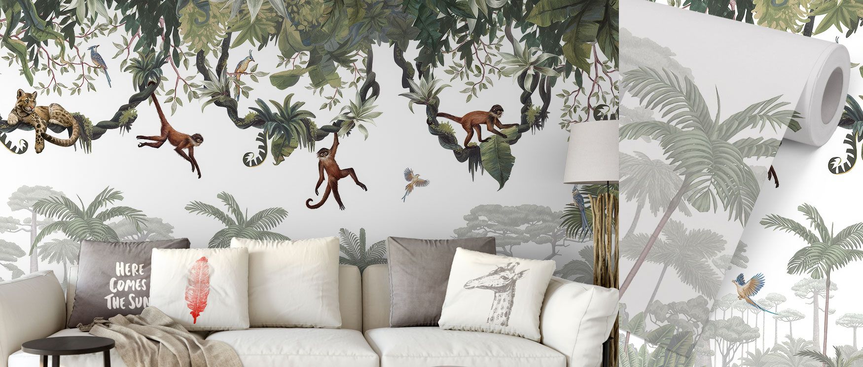A jungle-inspired scene emerges in the Cheeky Monkeys Wallpaper, where animals and trees create vibrant rhythm. Monkeys enliven the canopy while birds bring colorful detail. This wallpaper transforms interiors into lively escapes, ideal for children’s spa