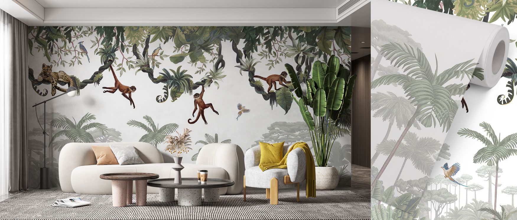 The Cheeky Monkeys Wallpaper presents animals and trees in playful balance, enriching interiors with charm. Perfect for bedrooms or dining rooms, its imagery captures vitality while maintaining decorative calm. Its palette ensures versatility, making wall