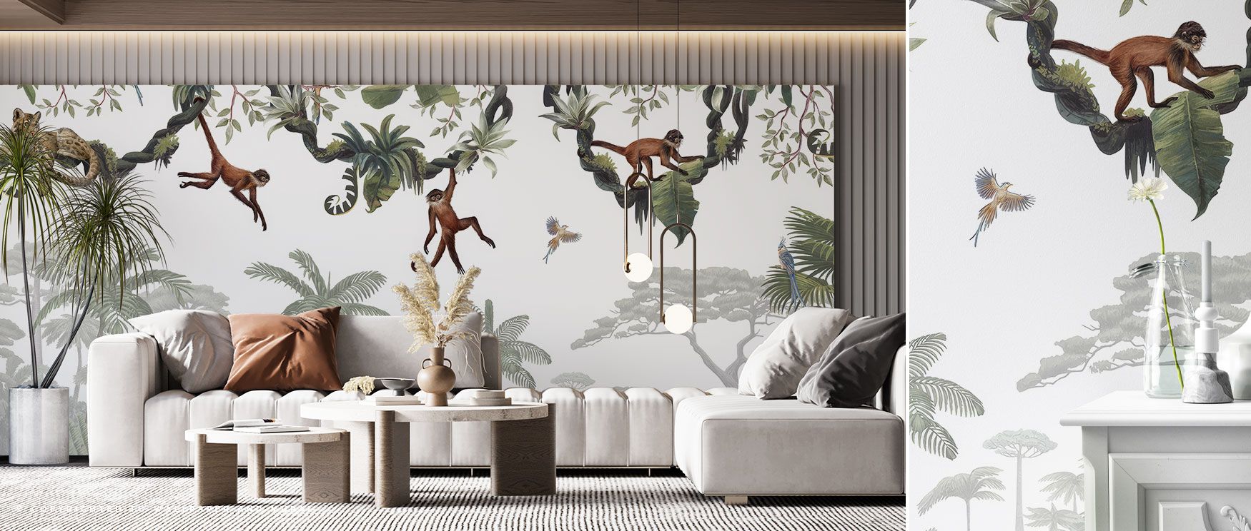 In the Cheeky Monkeys Wallpaper, animals appear gracefully among lush trees and plants. Monkeys and tigers share the stage with birds, offering interiors charm and adventure. Ideal for bedrooms or living spaces, its imagery creates imaginative retreats gr