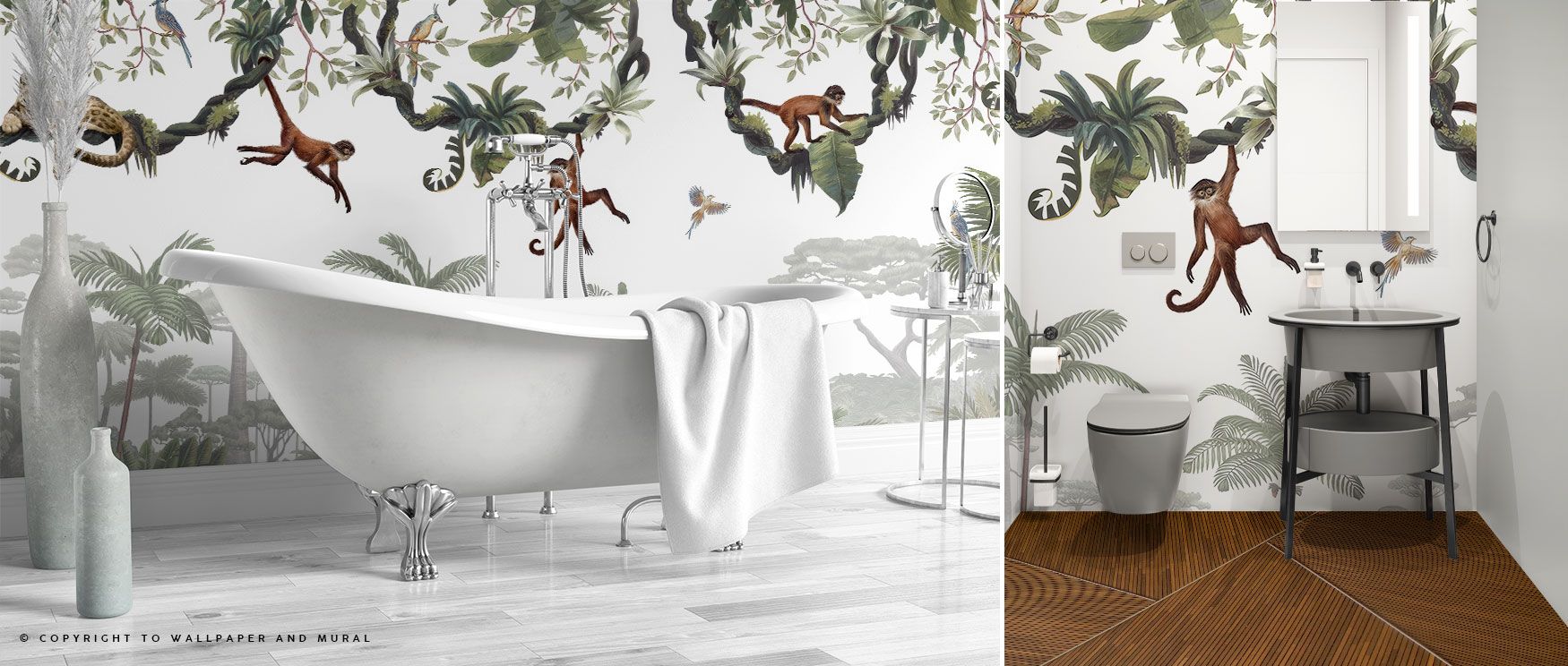 Monkeys leap among forest branches in this wallpaper, joined by tigers and tropical birds. The Cheeky Monkeys design fills interiors with playfulness, ideal for studies or children’s bedrooms. Its balance of vibrancy and sophistication ensures timeless de