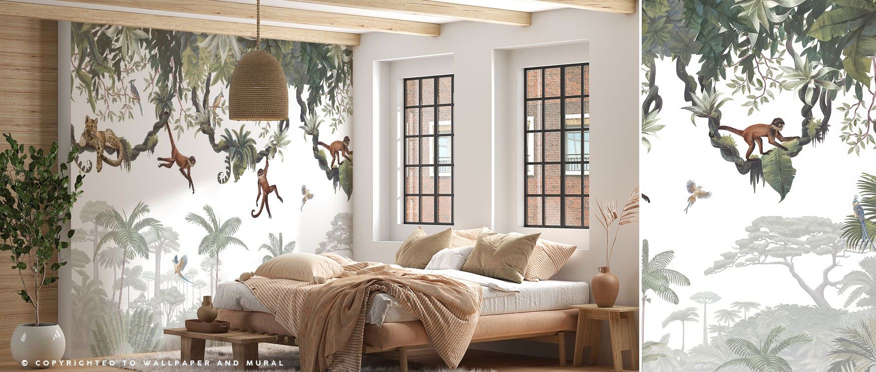 With monkeys, tigers, and birds among lush greenery, the Cheeky Monkeys Wallpaper creates interiors alive with charm. Its imagery radiates energy while maintaining decorative refinement, making it ideal for children’s bedrooms or rustic-inspired living ro