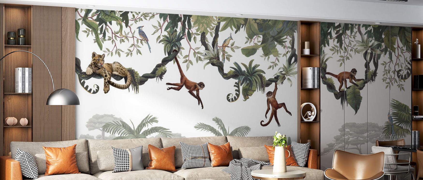 The Cheeky Monkeys Wallpaper captures the lively rhythm of the jungle, with playful animals among trees and plants. Its imagery enriches bedrooms or creative spaces with joy and balance, transforming interiors into imaginative retreats.